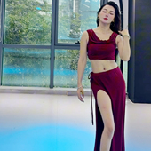 佐寒梦璐肚皮舞新款 显瘦表演服性感气质班服长裙红色 高级演出套装