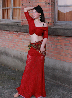 悦梦风璐肚皮舞新款高级红色演出套装显瘦表演服性感气质班服大码