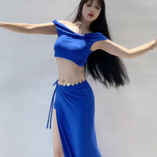 肚皮舞新款高级演出套装显瘦表演服性感气质班服蓝色
