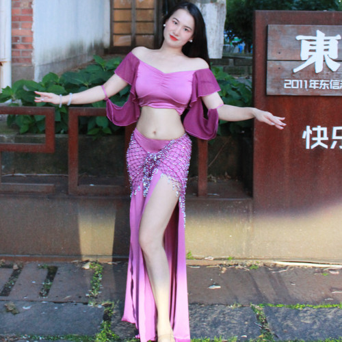 佐寒梦璐肚皮舞新款高级紫色演出套装显瘦表演服性感气质班服大码