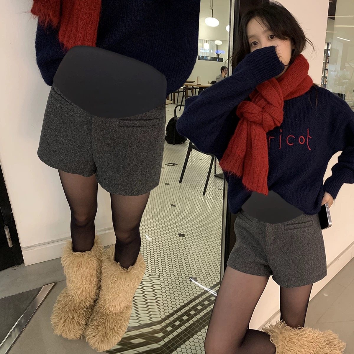 孕妇裤秋冬季时尚毛呢短裤外穿春秋托腹宽松显瘦阔腿裤打底裤靴裤