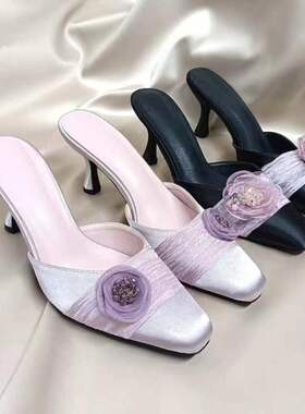 迷失麋鹿紫缎面半拖套脚包头后空中高细跟拼色小方头舒适典雅女鞋