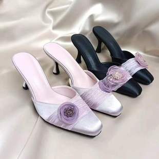 迷失麋鹿紫缎面半拖套脚包头后空中高细跟拼色小方头舒适典雅女鞋