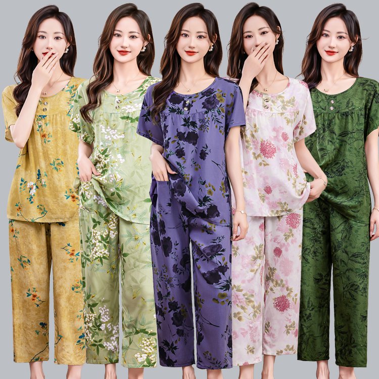 夏季女棉绸可外穿睡衣套装图片