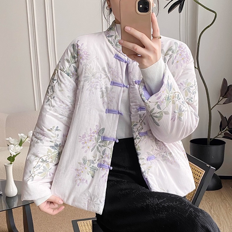 新中式国风盘扣棉服女款碎花棉衣
