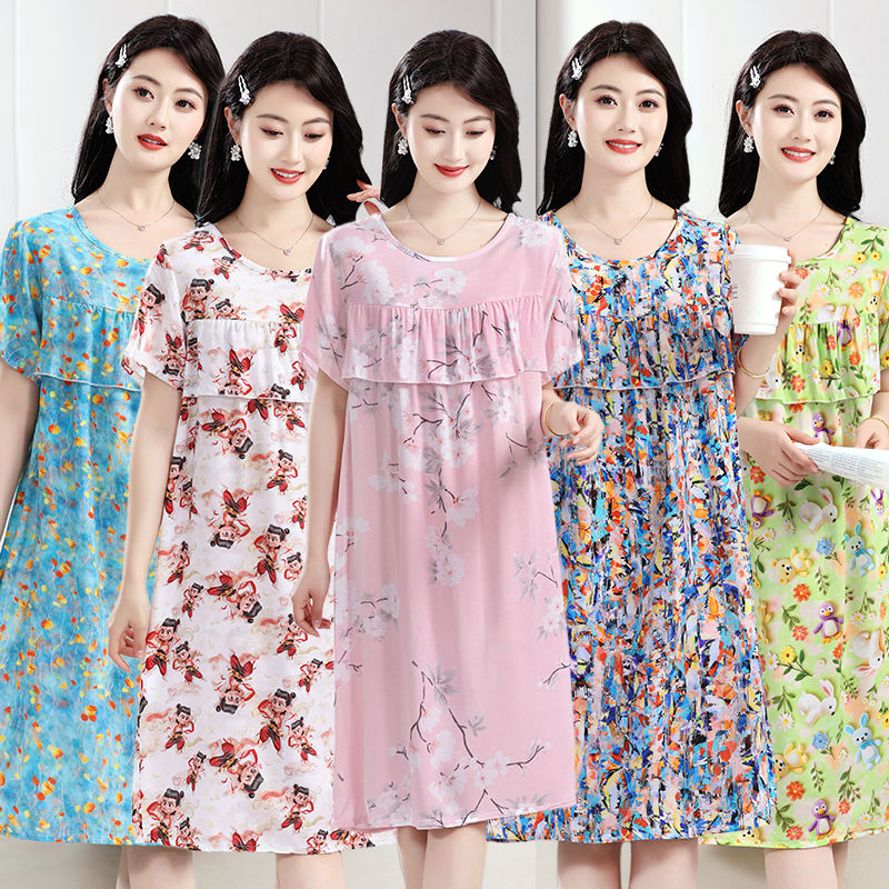 棉绸睡裙中年妈妈夏装睡衣家居服