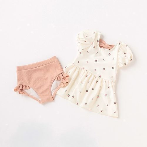 日系pm儿童可爱樱桃泡芙袖分体可爱游泳衣女童速干防紫外线泳衣