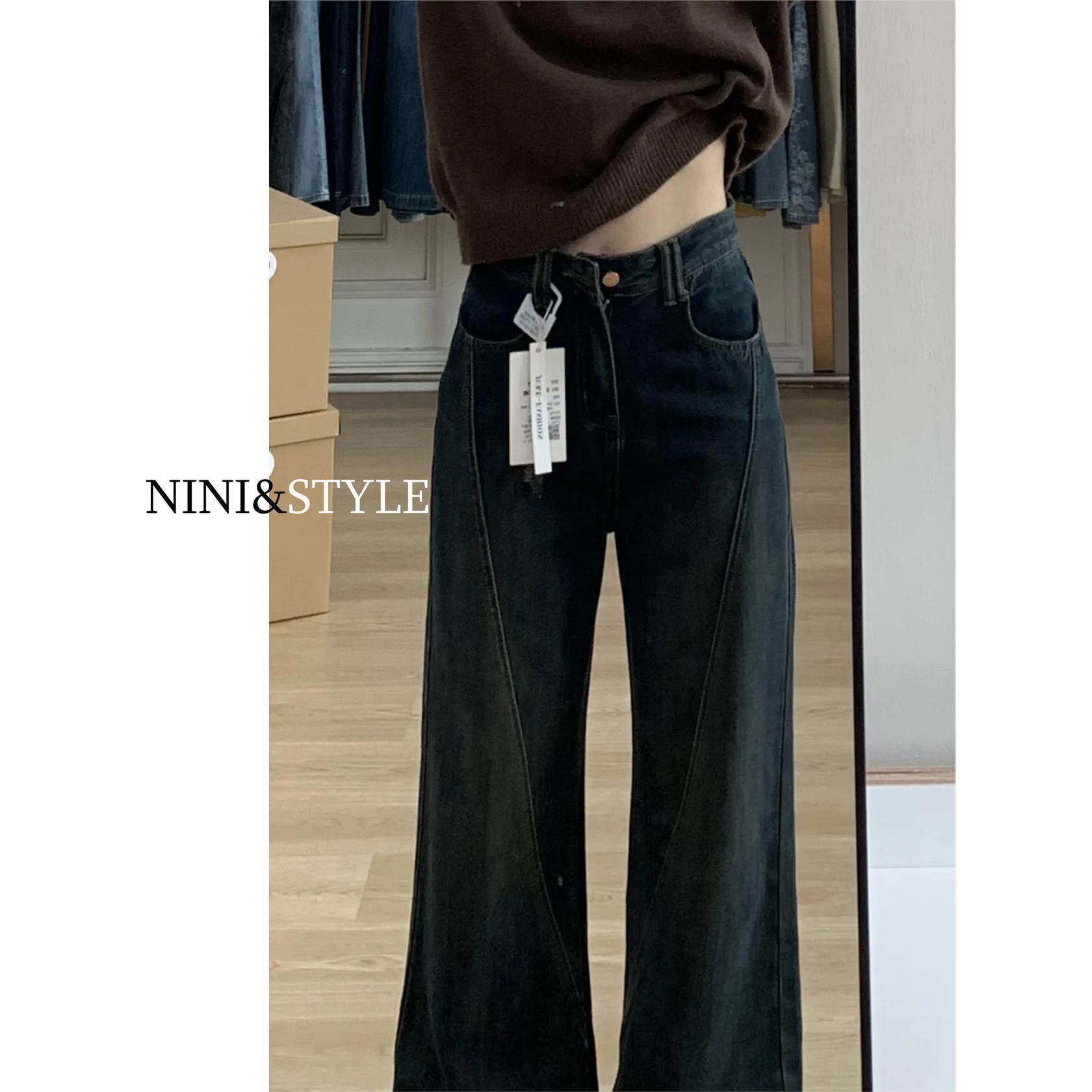 青石灰窄版加绒阔腿牛仔裤女2025秋冬新款直筒宽松高腰显瘦拖地裤