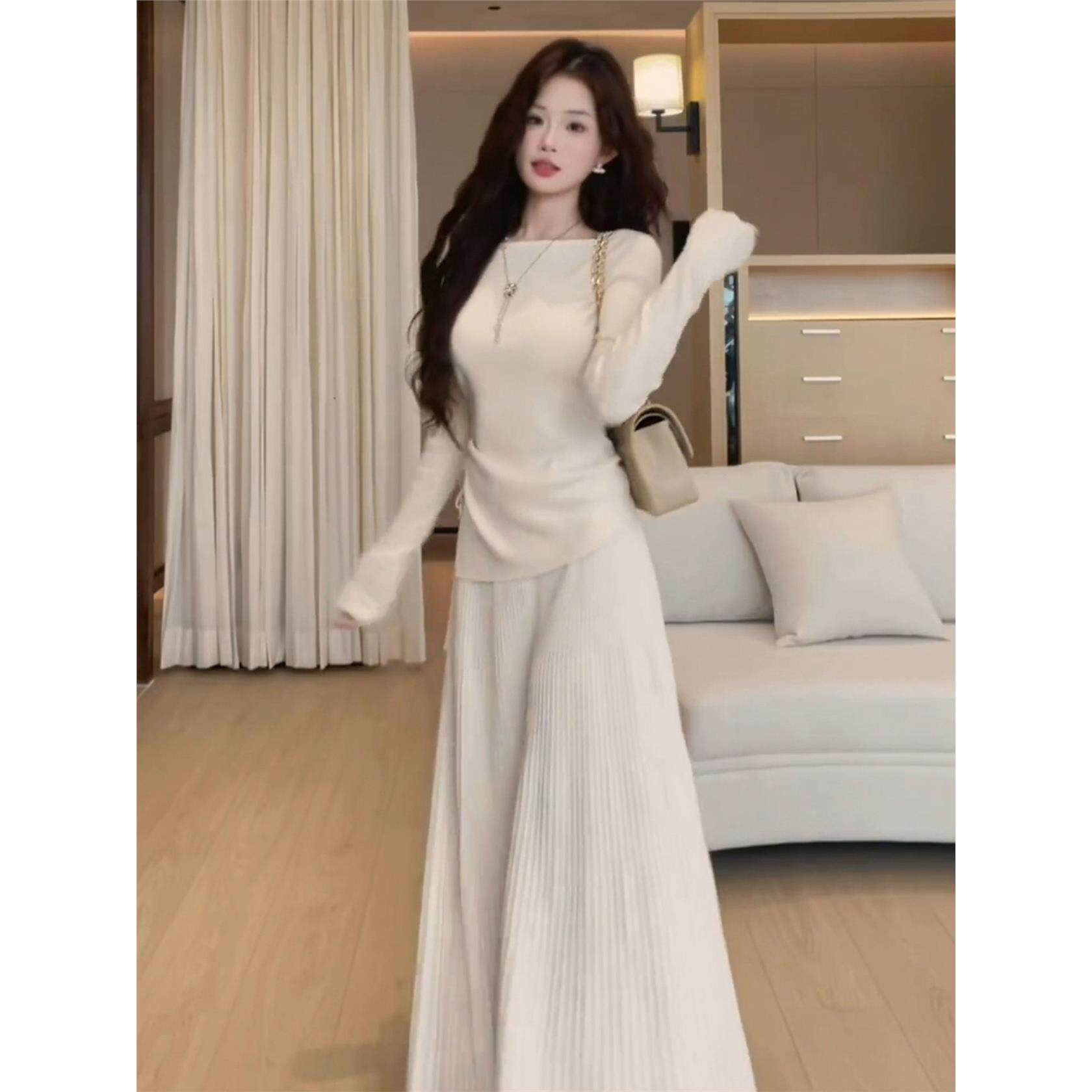 2025新款法式温柔风针织连衣裙子女秋冬季慵懒高级感收腰长裙套装