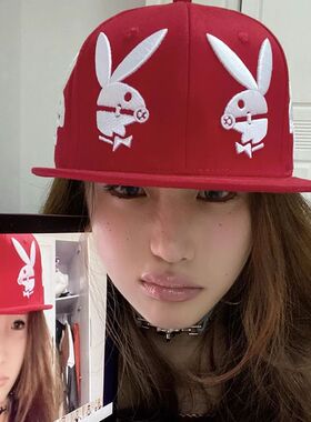 美式嘻哈红色兔子平沿鸭舌帽女夏季甜酷y2k辣妹百搭显脸小棒球帽