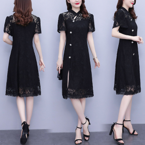 RM5540#大码女装胖MM改良旗袍裙蕾丝钩花显瘦时尚连衣裙长裙