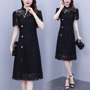 RM5540#大码女装胖MM改良旗袍裙蕾丝钩花显瘦时尚连衣裙长裙