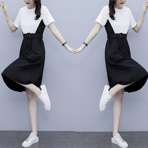 PS11615# 高固色黑白拼接假两件系带高腰连衣裙设计感小众夏装 服装批发女装直播货源