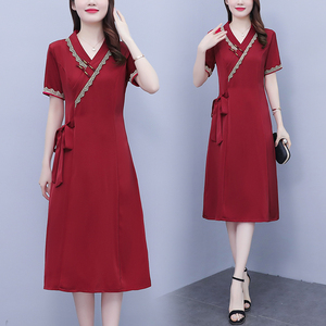 RM7371#新款复古醋酸旗袍改良版V领收腰显瘦气质大裙摆连衣裙