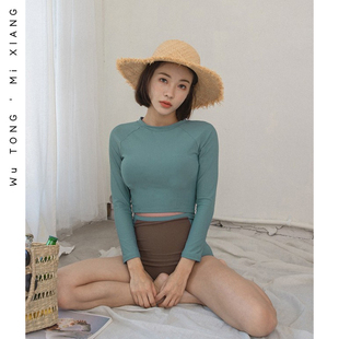 INS韩国性感长袖 沙滩潜水冲浪分体钢托小胸聚拢高腰复古泳衣女