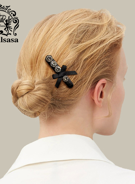 皇家莎莎水钻蝴蝶结丝带黑色发夹高级感前额碎发刘海夹侧边发卡