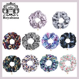 皇家莎莎桑蚕丝真丝发圈简约印花大肠圈高弹力无痕不勒发头花发饰