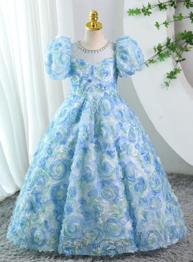 儿童礼服蓝色花朵小众轻奢洋气公主裙学生日主持人钢琴演出服春季