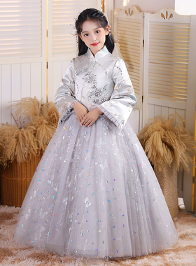 女童礼服新中式国风改良灰色长袖儿童生日高端公主裙走秀演出春秋