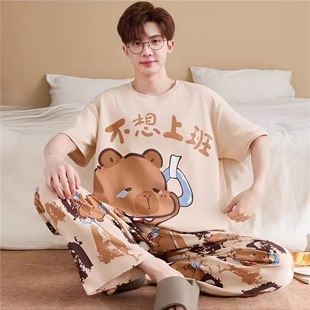 新款2026男士睡衣纯棉短袖长裤春秋季薄款加大码男款青少年家居服