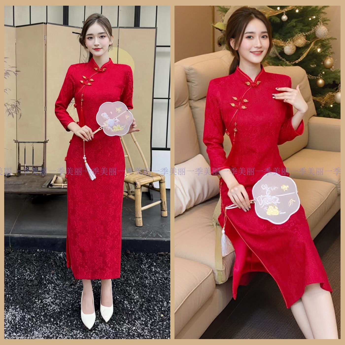 红色长旗袍外嫁女金花回娘家活动款短袖复古走秀宴会礼仪演出婚宴