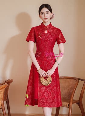 夏装新款高端改良旗袍连衣裙中长款韩版显瘦中年女喜婆婆婚宴裙子