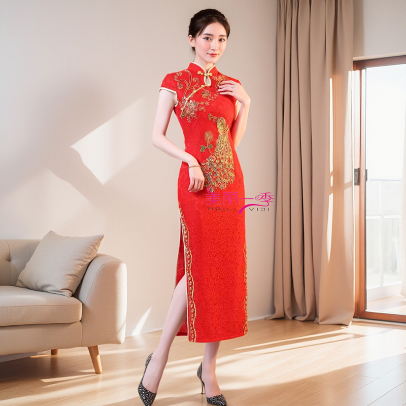 新款回娘家活动旗袍红色夏季短袖金花外嫁女庙会祭祖聚会表演礼仪