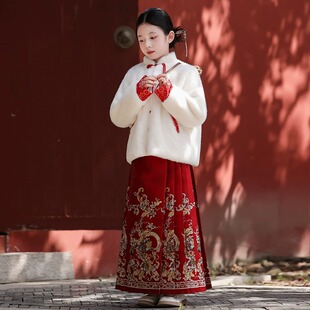 女童拜年服冬季套装2024新款儿童汉服马面裙红色中国风过年服唐装