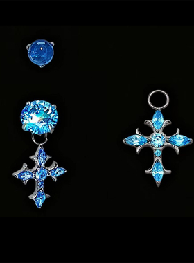 【原创设计】手作f136钛合金耳骨钉蓝色系荆棘十字架吊坠穿孔饰品