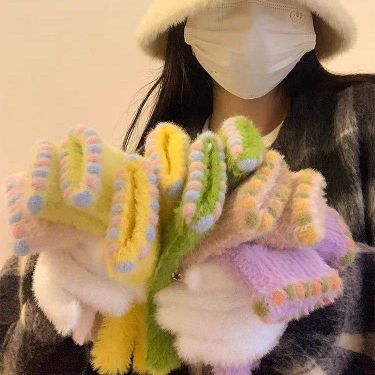 小糖豆毛绒手套女秋冬季保暖加厚毛茸露指可触屏分指学生骑车防寒
