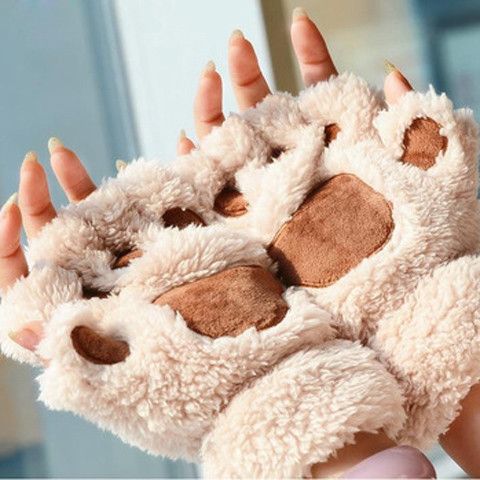 猫爪手套冬季女韩版半指男加厚毛绒可爱学生时尚键盘熊掌挂脖手帽