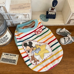 可爱卡通条纹T马尔济斯西施犬约克夏衣服彩虹条纹米奇宝宝背心夏