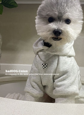 秋冬新款宠物潮牌加绒卫衣雪纳瑞泰迪比熊灰白色复古帽衫猫咪衣服