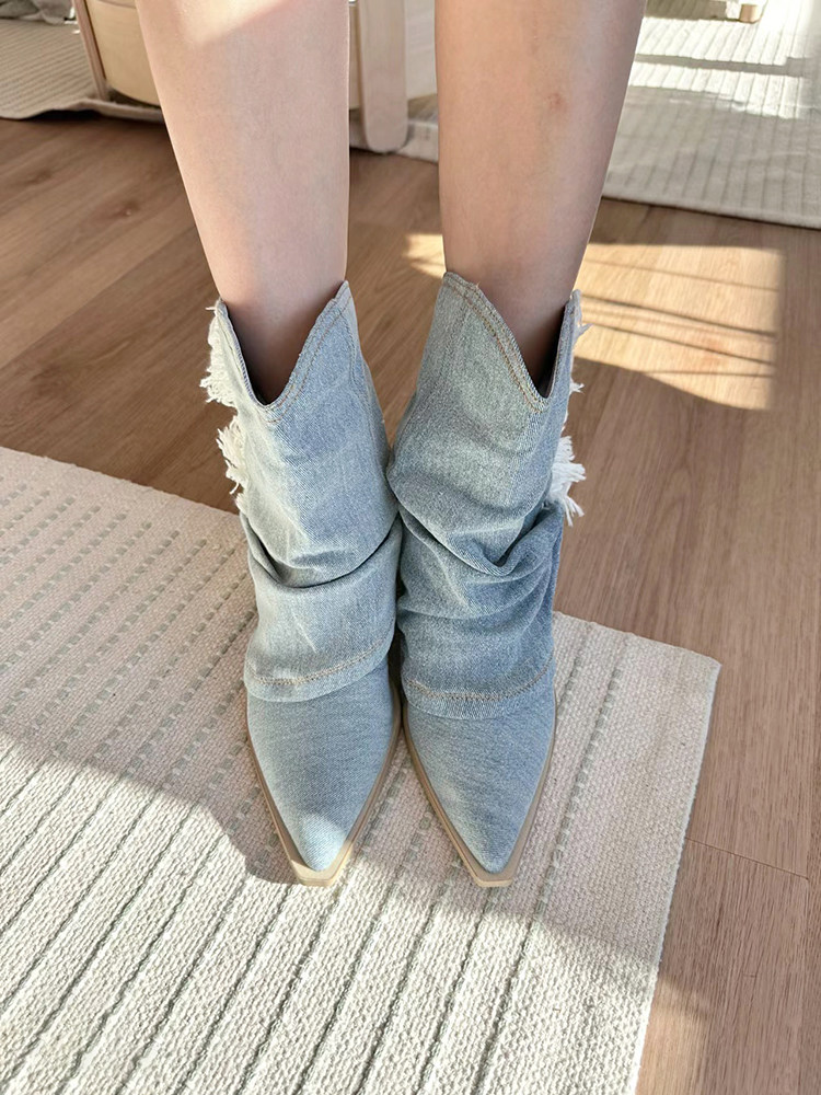 EUROPEAN AND AMERICAN TASSEL WESTERN COWBOY BOOTS WOMENS 2024 NEW POINTED TOE BLOCK HEEL RETRO TROUSER BOOTS SLEEVE BOOTIE KNIGHT BOOTS