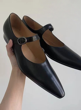 mona同款尖头玛丽珍鞋2022春季新款浅口粗跟一字扣带小皮鞋单鞋女