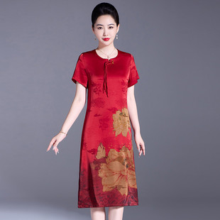 2025夏季新品妈妈真丝连衣裙A型圆领夏季49周岁以上自然腰连衣裙