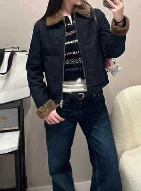 【现货】a*t丹宁拼接棉混纺黄色格纹短款H版型牛仔拼毛翻领外套女