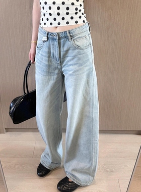 nbs【现货】经典水洗晴空蓝休闲宽松直筒中低腰牛仔裤女简约裤子