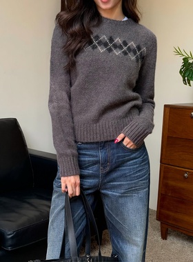 【a*t同款】现货羊毛混纺正肩直筒菱形格复古休闲圆领套头毛衣女