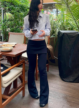 宅女同款】假两件修身开叉微喇叭裙裤女法系气质减龄显瘦休闲长裤