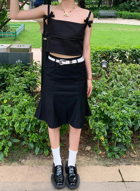 ins复古西装半身裙轻奢黑色显瘦廓形高腰小众设计鱼尾微喇中裙女
