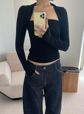 【现货】RA假两件袖套针织上衣修身显瘦弹力天丝羊毛长袖T恤女潮