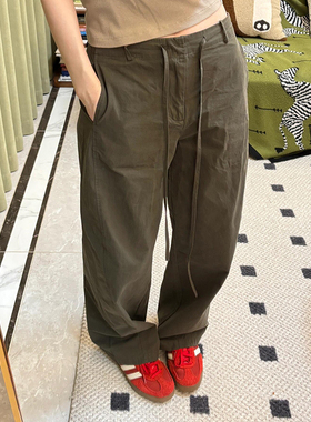 现货宅女同款弯刀茧形镰刀复古分割高密纯棉中低腰宽松抽绳休闲裤