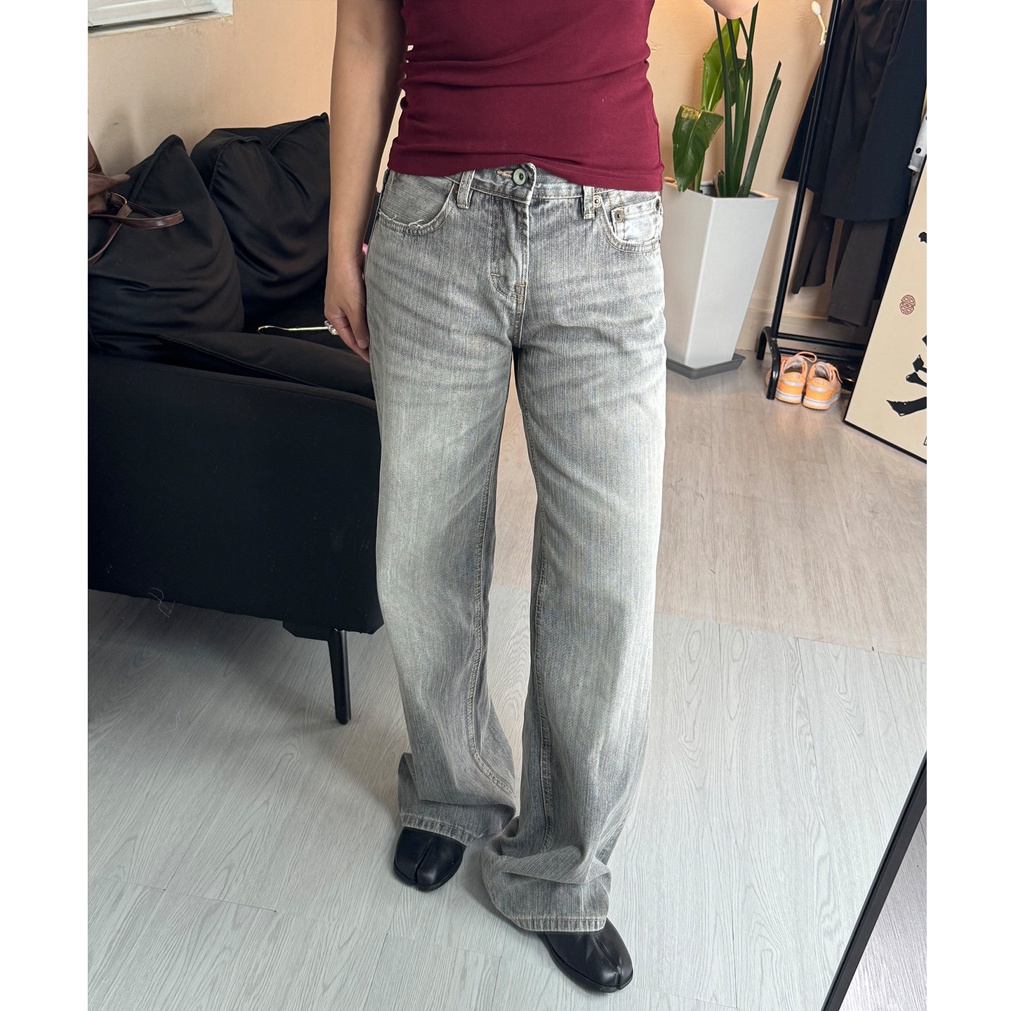 【现货】宅女同款间色灰牛质感水洗手工猫须宽松低腰直筒牛仔裤女