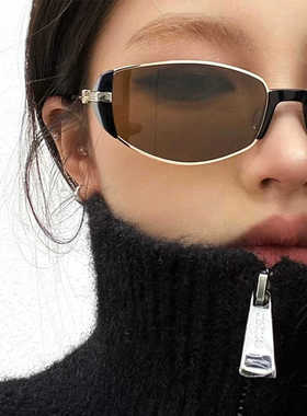 小红书同款复古ins金属猫眼墨镜女款潮茶棕色窄框高级感太阳镜男