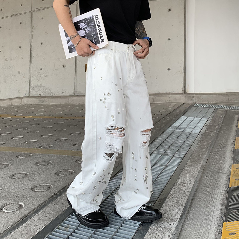 美式高街潮牌宽松直筒白色水洗破洞牛仔裤男重工亮片潮流休闲男裤