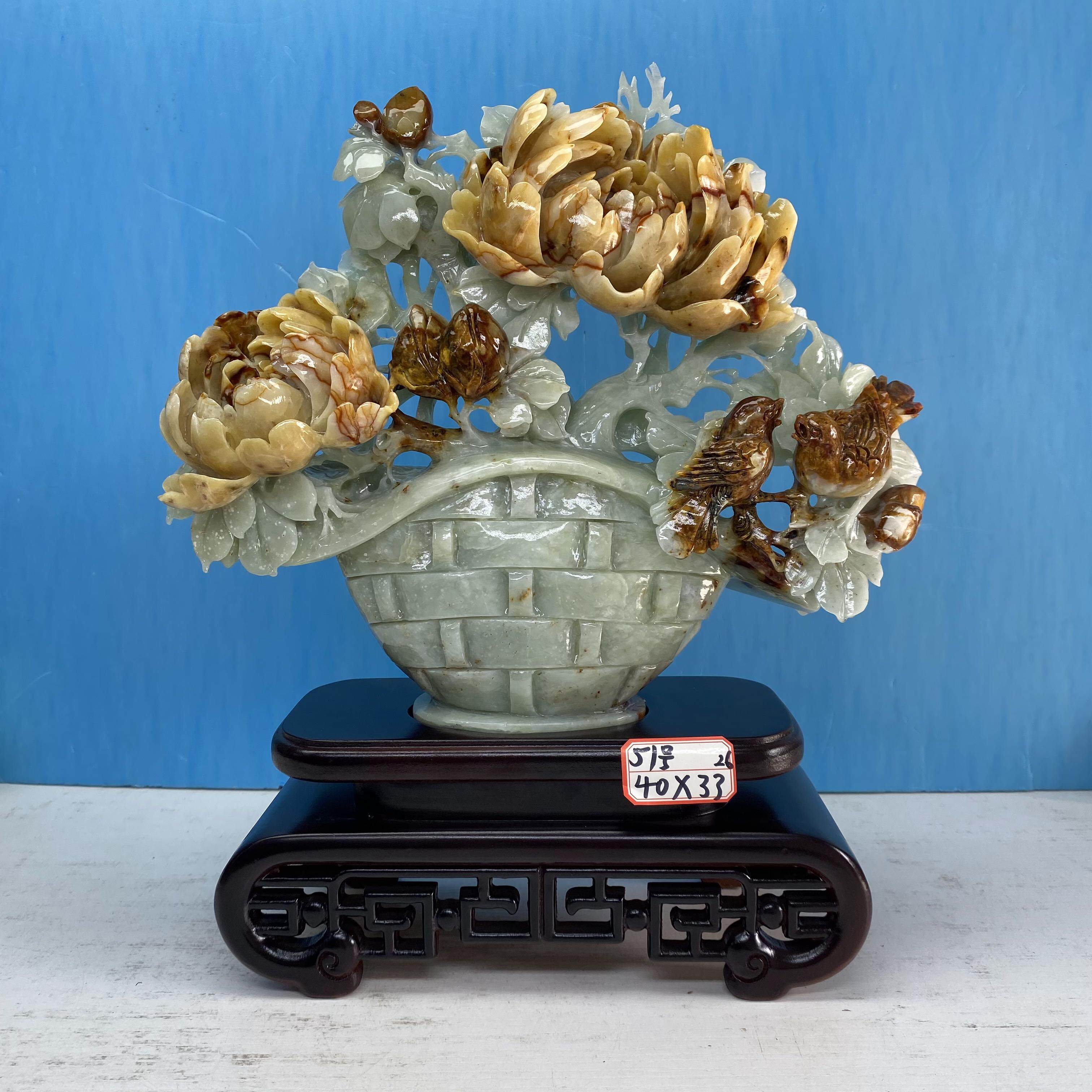 岫玉牡丹花摆件一生富贵俏色雕刻2880元包邮厂家直销实木环保底座