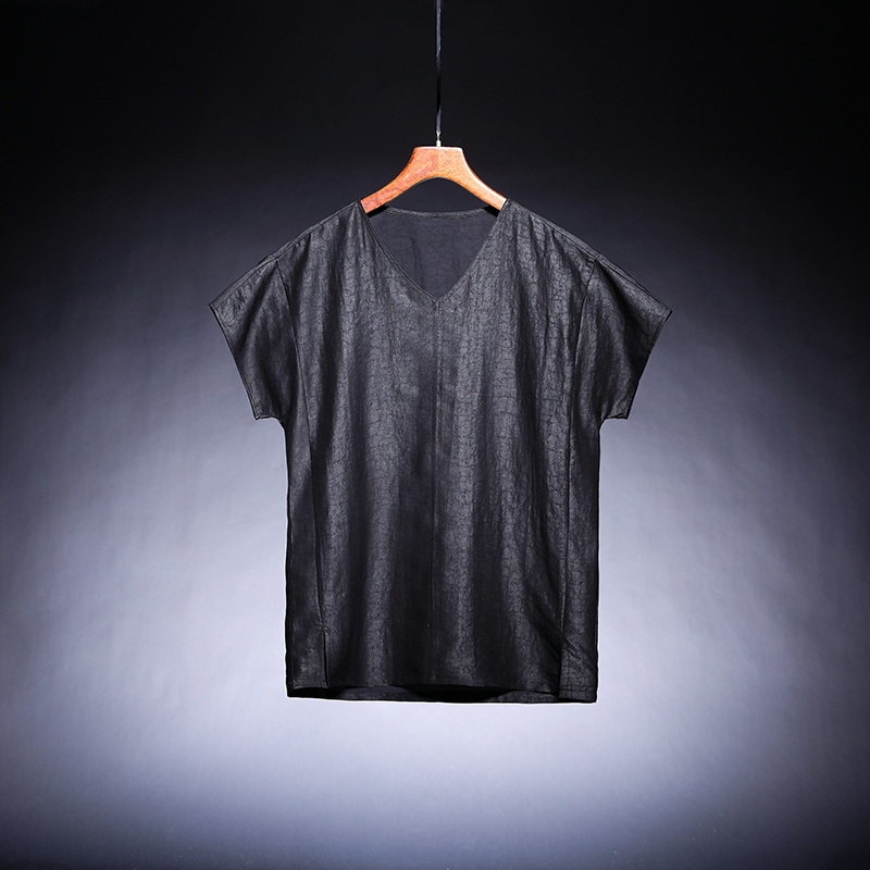 正宗莨绸夏v领短袖男真丝上衣男士香云纱时尚年轻款轻熟风男装t恤