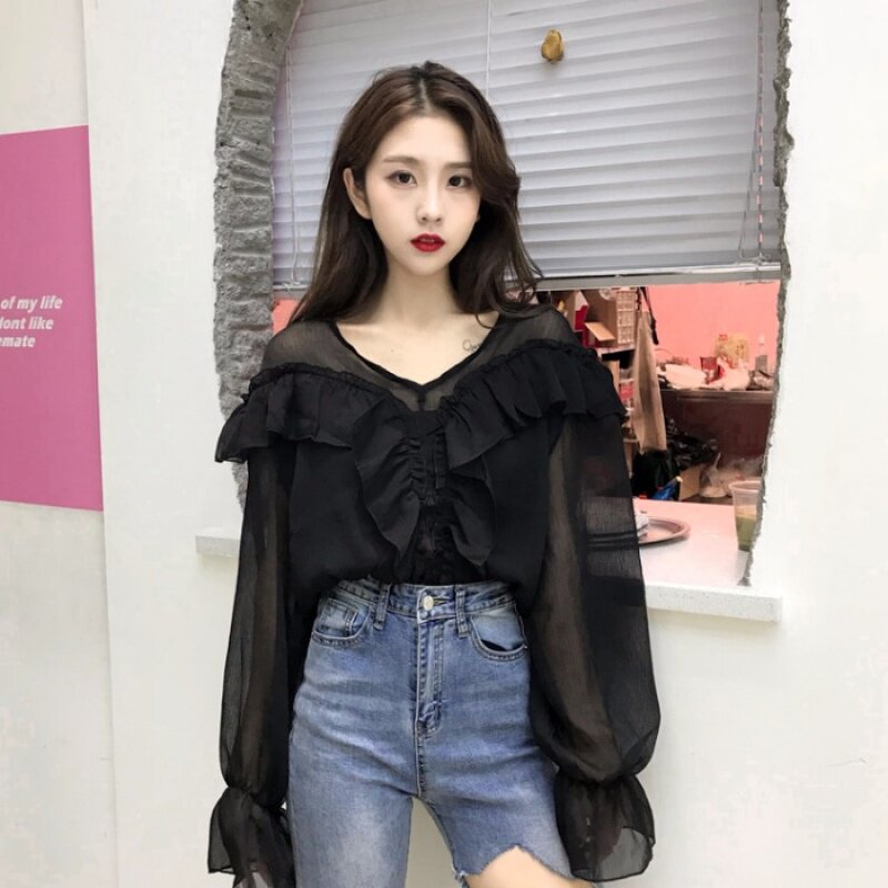 雪纺衫女春装2019新款chic荷叶边显瘦小衫洋气喇叭袖修身打底衫|msdalam kategori Pakaian Lelaki, shirt - dari Buy2taobao.com untuk memberikan perkhidmatan ejen Taobao profesional membeli