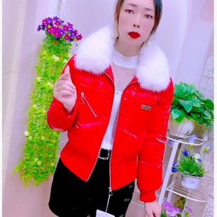 秋冬季亮面时尚百搭棉服短款高腰大毛领棉衣修身时尚气质女士外套